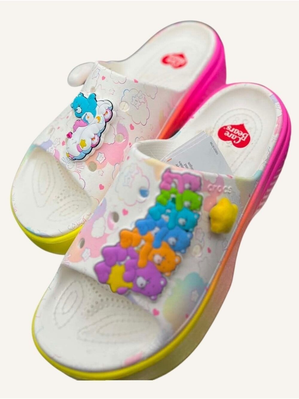 Crocs x Care Bears Stomp Slides W8 Rainbow Platform Jibbitz NWT